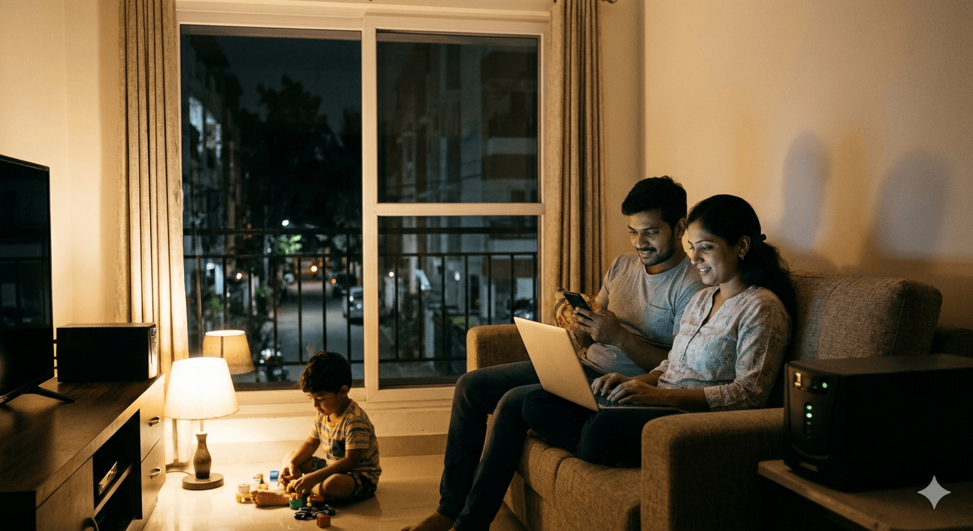 Family using home UPS power backup system during power outage in Bengaluru
